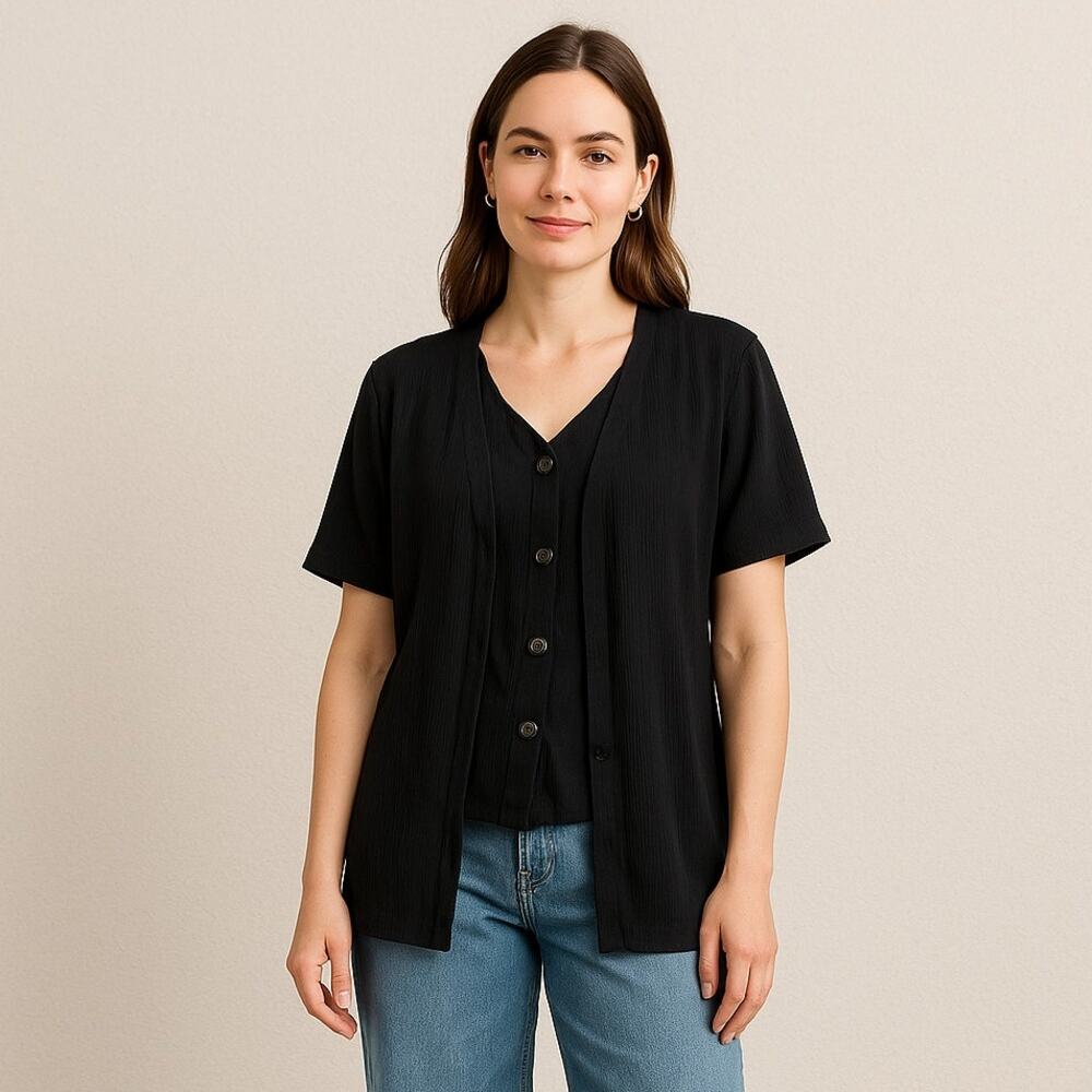 Vintage Alfred Dunner Black V-Neck Button Up Top Made in USA Size 14P Womens